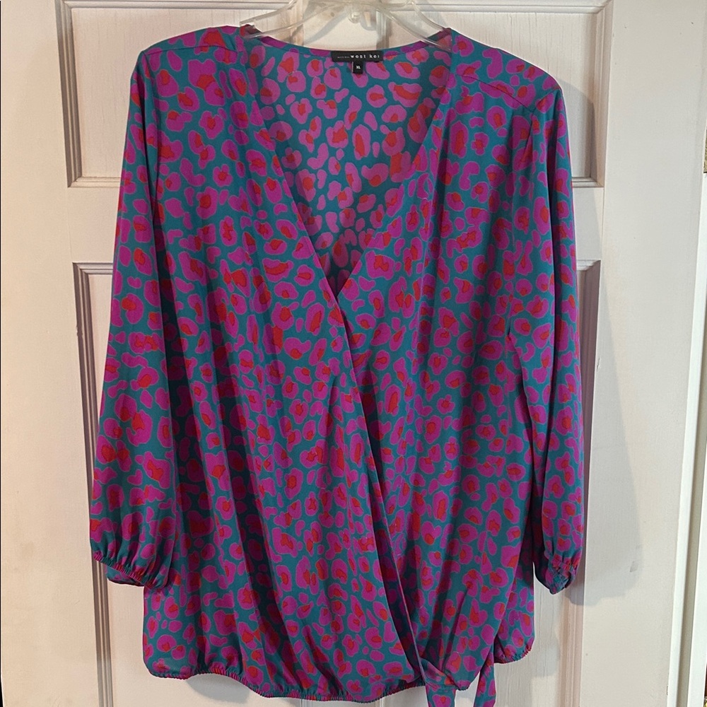 West Kei Pink and Blue Leopard Print Blouse